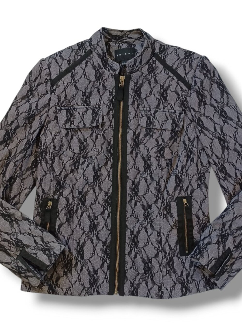 Womens Business Casual Jacket Blazer Zip Up Tribal Black Office Dressy Size 8